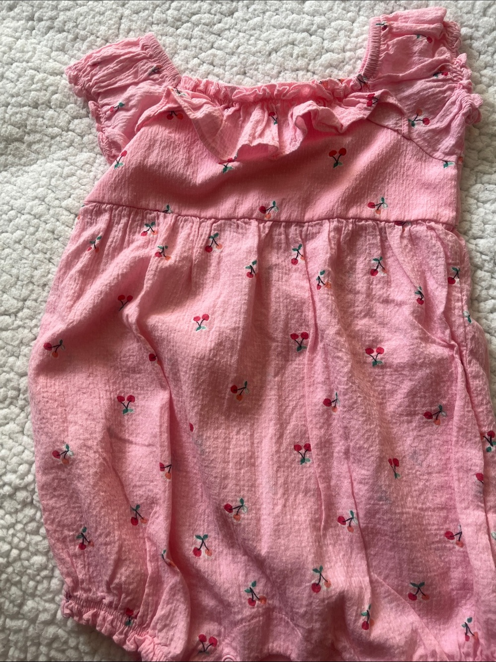 First Impressions Pink Cherry-Accent Ruffle Baby Romper. 12 months size.